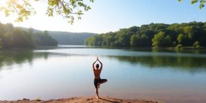 Person practicing yoga by a calm lake in nature.