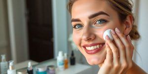 Glowing woman moisturizing her skin with beauty products.