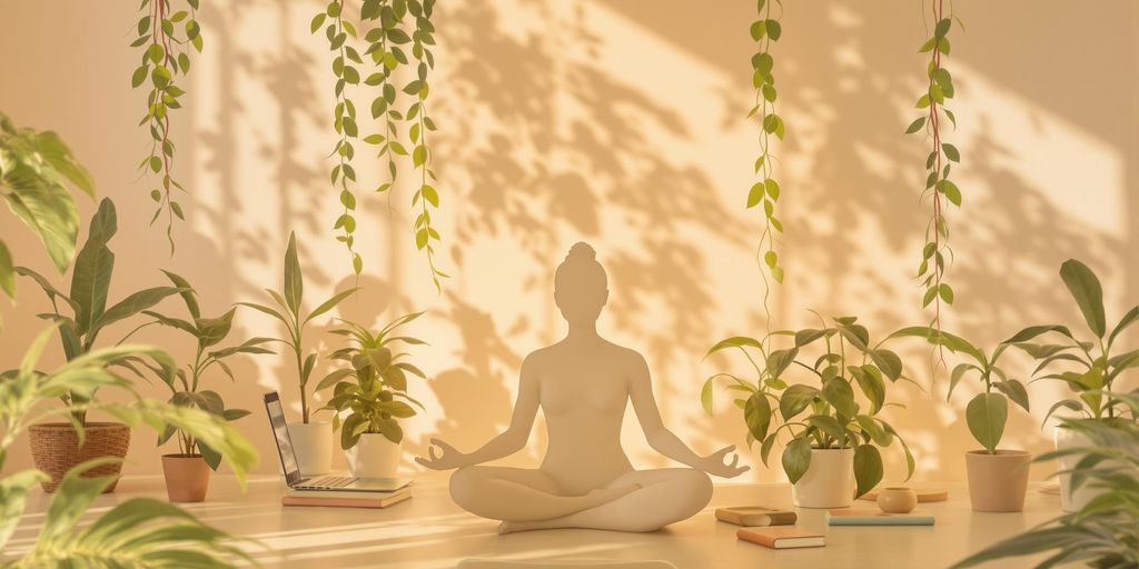 Relaxed workspace with plants and calming water feature.