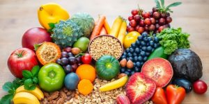 Colorful fruits and vegetables for stress relief and mood enhancement.