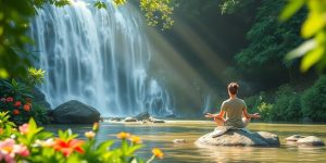 Person meditating by a serene waterfall in nature.
