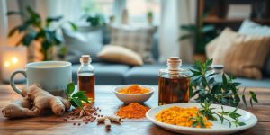 Herbal remedies on a wooden table for body aches.