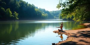 Person practicing yoga by a tranquil lakeside.