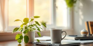 Calm workspace with plants and a coffee cup.