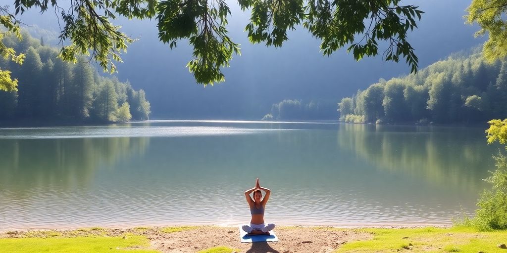 A person practicing yoga by a calm lake in nature.