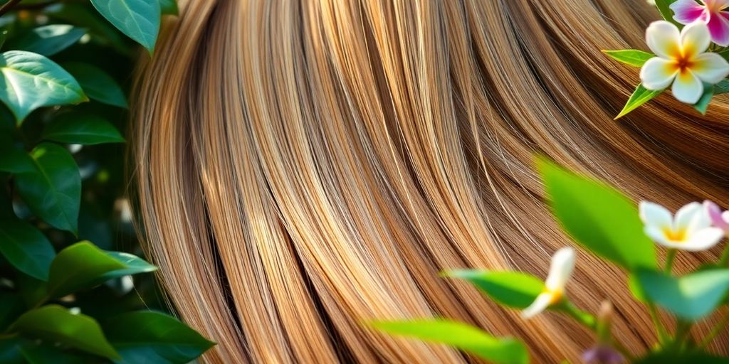 Healthy long hair surrounded by natural elements like leaves.