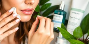 Woman applying moisturizer for oily skin care routine.