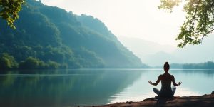 Person meditating by a calm lake in nature.