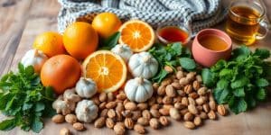 Immune-boosting foods for flu season on wooden table.
