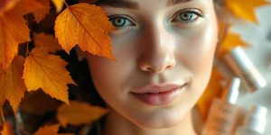 Woman's glowing skin with autumn leaves and skincare products.
