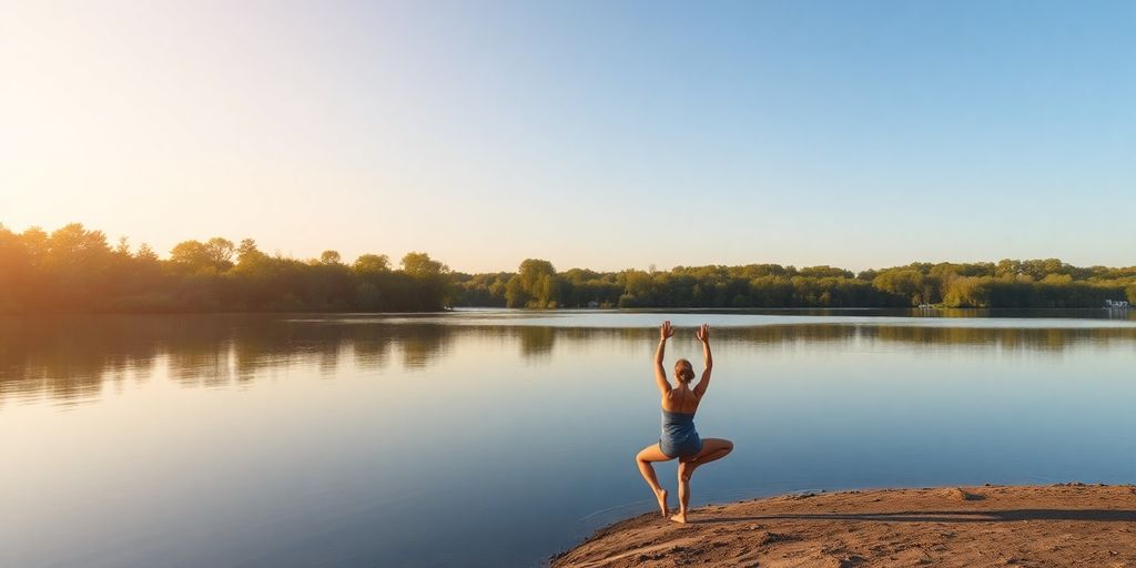 Person practicing yoga by a calm lake in nature.