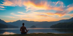 Person meditating by a tranquil lake at sunset.