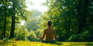 Person meditating in a peaceful natural setting.