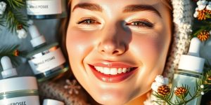 Woman's glowing skin with winter skincare products around her.