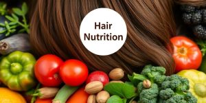 Healthy hair with fruits and nuts for nutrient focus.