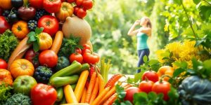 Colorful fruits, vegetables, and a person exercising outdoors.