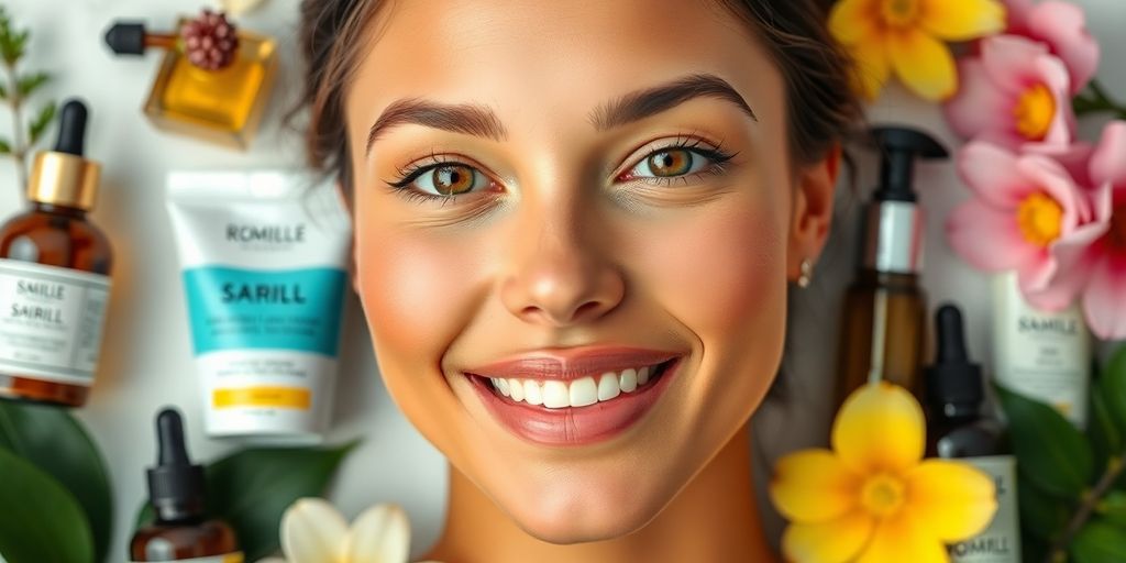Portrait of radiant skin with natural skincare products.