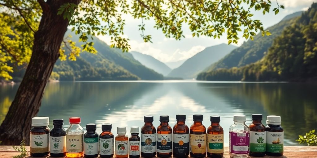 Calm landscape with herbal supplements for stress relief.