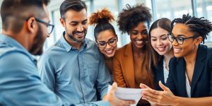 Diverse professionals collaborating in a modern office setting.