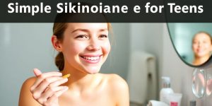 Teenager applying moisturizer in a bright bathroom.