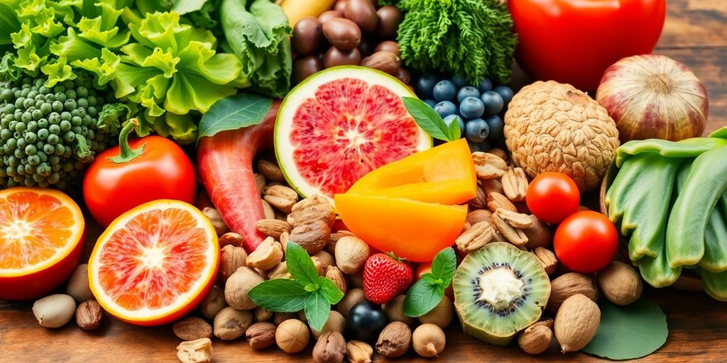 Colorful fruits and nuts for natural energy boosting.