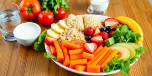 Colorful healthy foods on a wooden table for digestion.