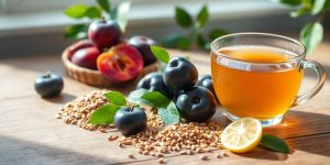 Natural ingredients for quick constipation relief on a table.