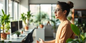 Employee practicing mindfulness in a peaceful office setting.