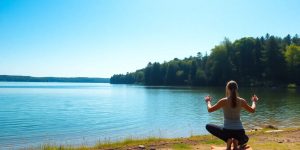 Person practicing yoga by a tranquil lake.