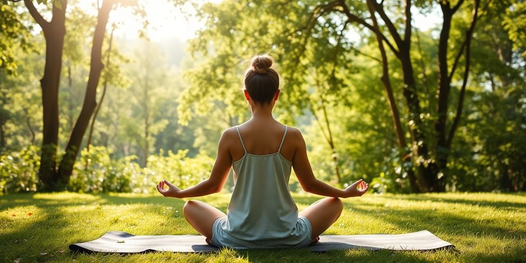 Person meditating surrounded by nature for stress relief.