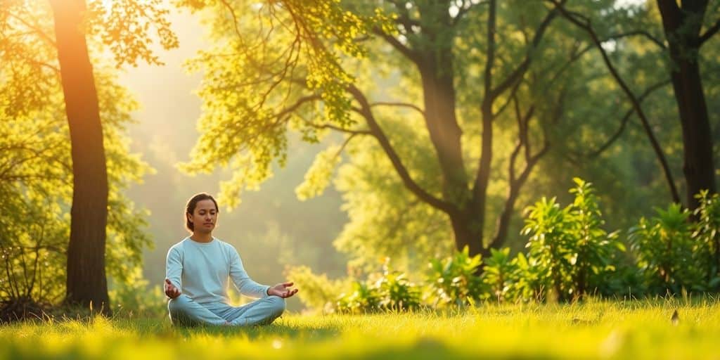 Person meditating in a peaceful natural setting.