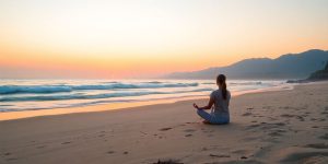 Person meditating on a beach at sunset for stress relief.
