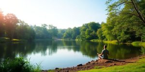 Person meditating by a tranquil lake in nature.