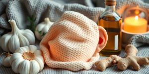 Warm compress on ear with natural remedy ingredients around.