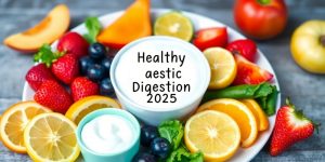 Colorful plate of healthy foods for digestion