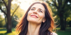 Woman feeling cool breeze in nature, finding relief.