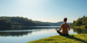 Person meditating by a peaceful lakeside in nature.