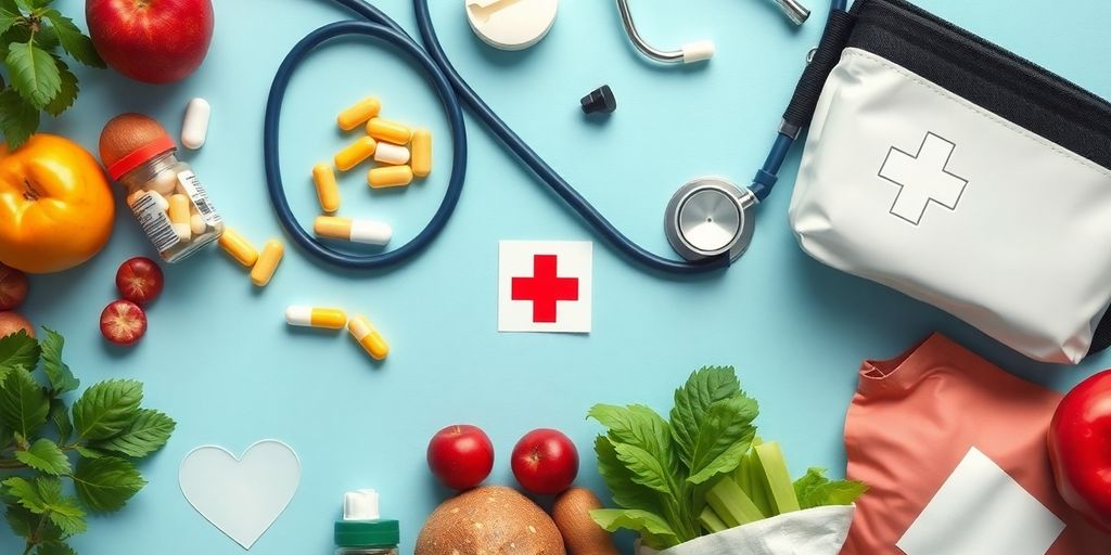Flat lay of health items including stethoscope and vitamins.