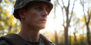 Soldier in peaceful nature reflecting on combat experiences.