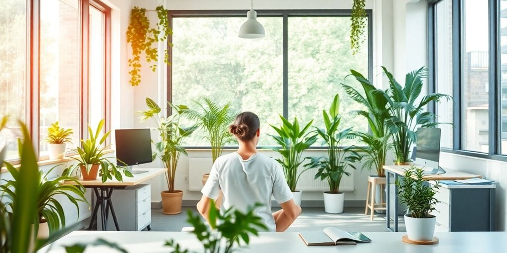 Person meditating at a desk in a calm office setting.