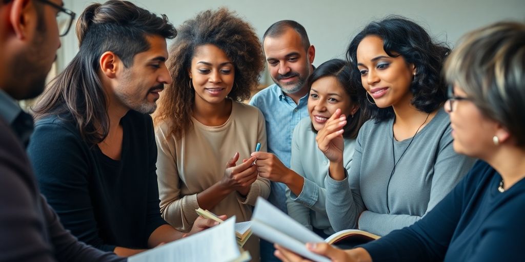 Diverse group discussing language with books in a cozy setting.