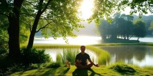 A person meditating by a peaceful water body.