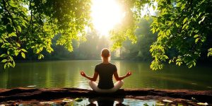 Person meditating in nature, surrounded by greenery and water.
