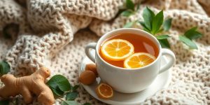 Warm herbal tea with ginger and honey on a table.