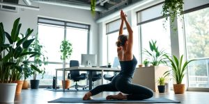 Person doing yoga in a bright, calm office setting.