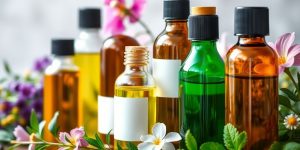 Close-up of oils and herbs for hair care.