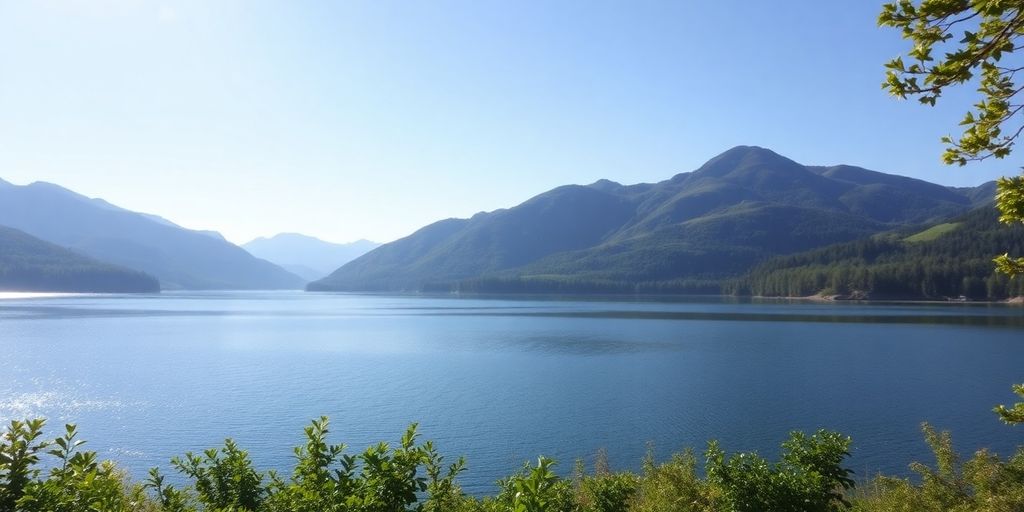 Peaceful nature scene with calm lake and greenery.