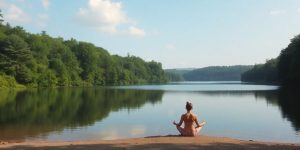 Person meditating by a peaceful lakeside in nature.