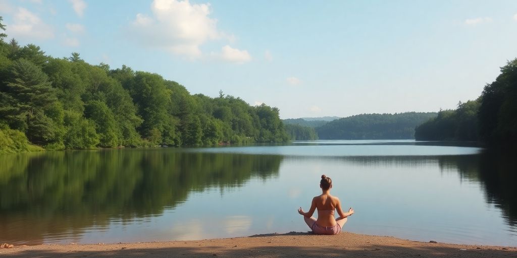 Person meditating by a peaceful lakeside in nature.