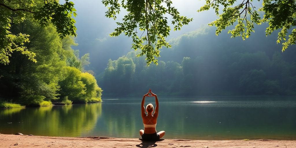Person practicing yoga by a peaceful lake.